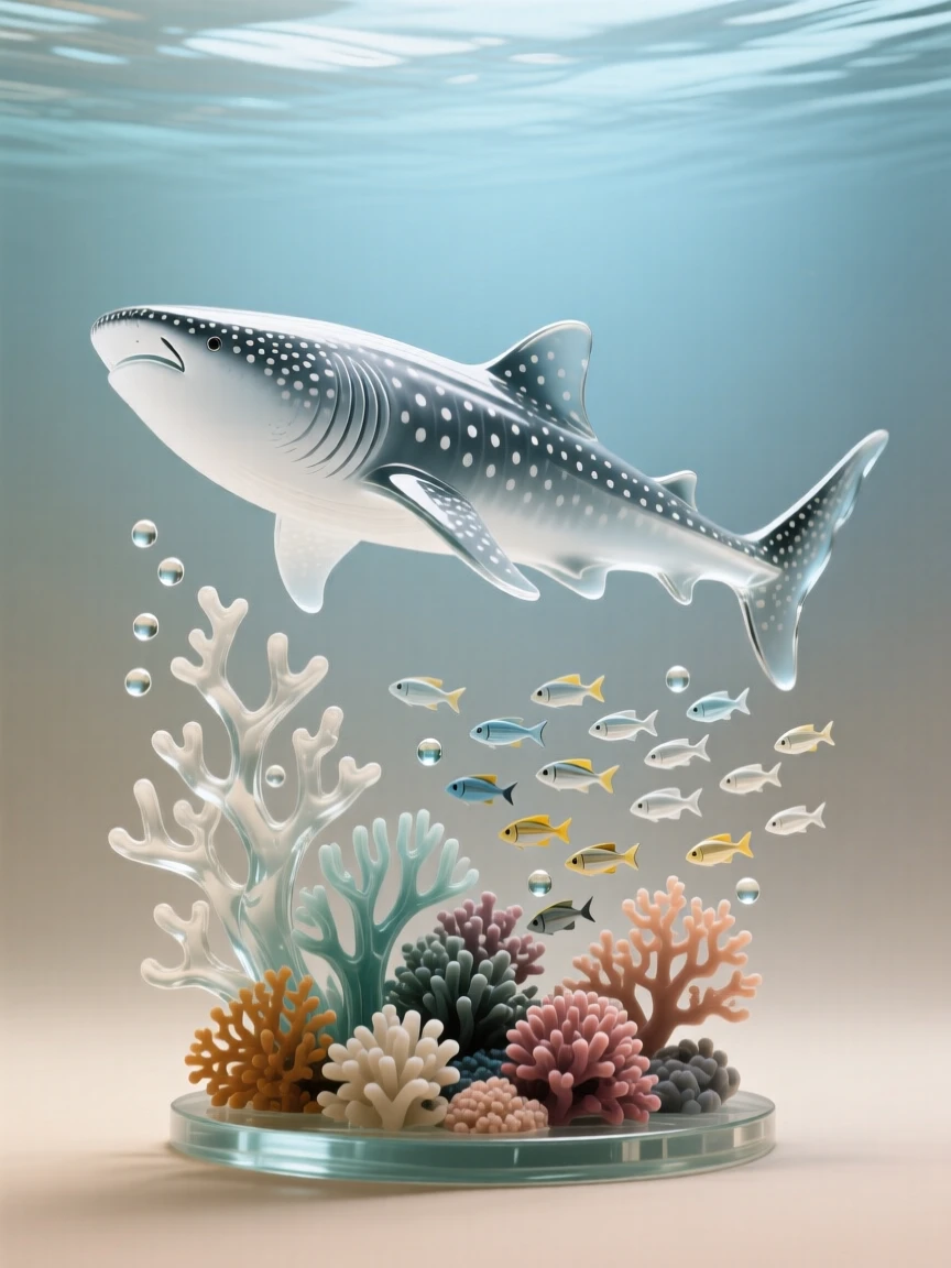 Surrounded by a coral reef bursting with color, a whale shark passing calmly over a coral reef, while a cloud of tiny fish scatters and reforms nearby