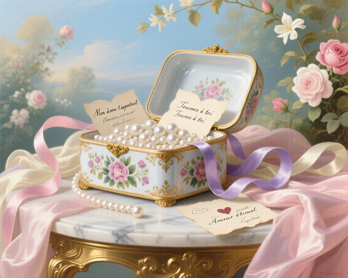 A painted porcelain box filled with pearls, ribbons, and tiny love notes  