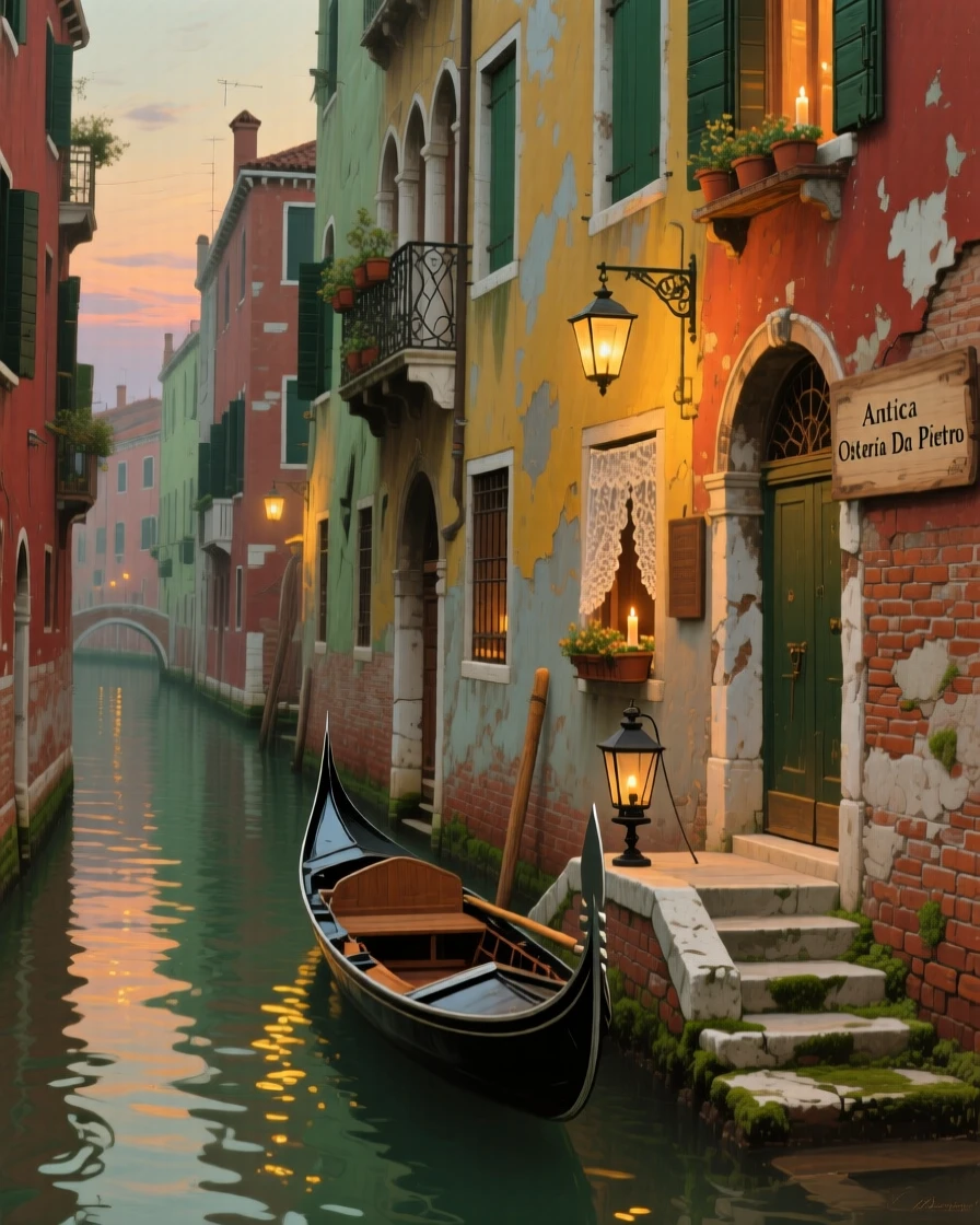 A quiet Venetian canal lined with colorful centuries-old buildings, with warm lantern or window light glowing throughout the scene, celebrating the architectural wonder and cultural richness of the location