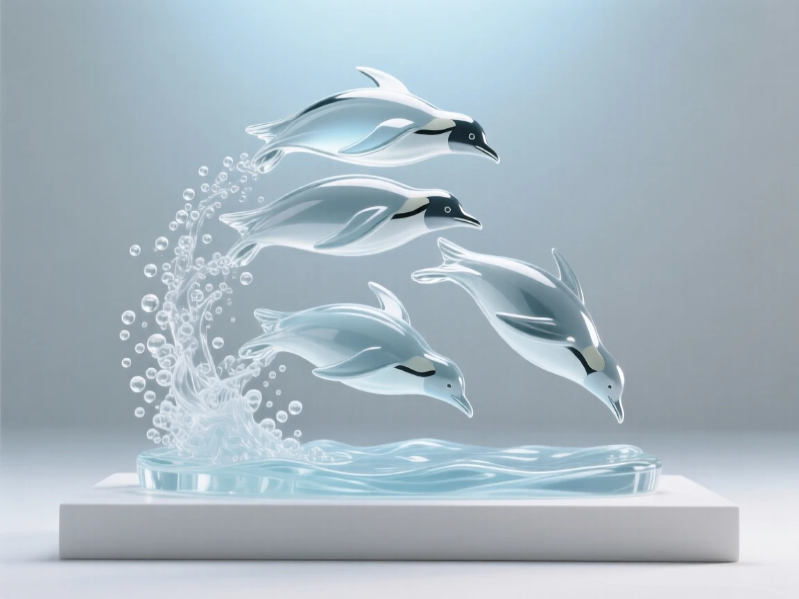 A group of penguins diving together into icy water with a curtain of bubbles rising around them