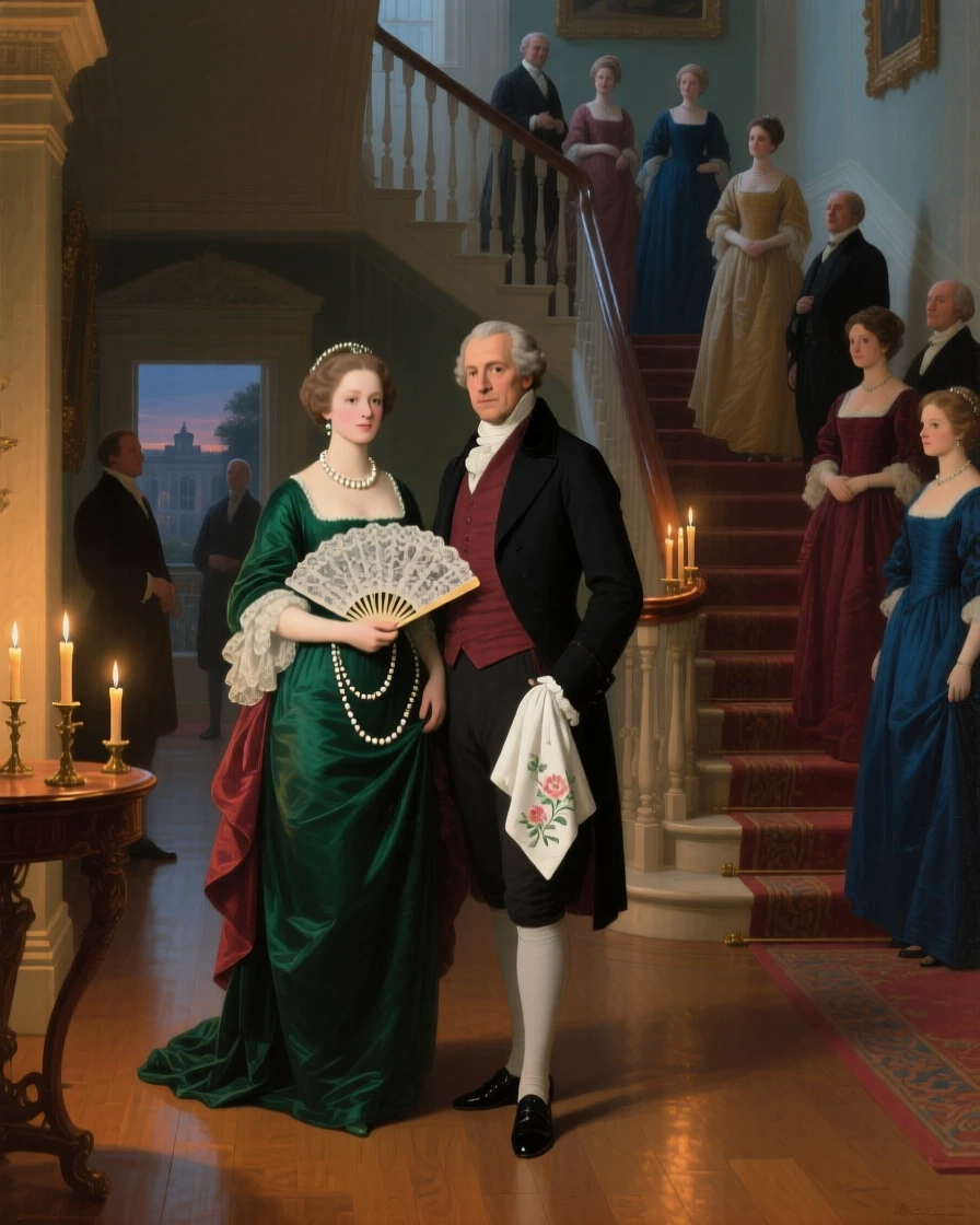 A count and countess receiving guests at a candlelit ballroom entrance as candlelight flickers across polished floors, set on the sweeping staircase of a grand estate, with a fan, a pearl necklace, and an embroidered handkerchief as quiet accents; the composition arranges figures in a graceful arc around the focal couple, capturing the warmth of family bound by legacy.
