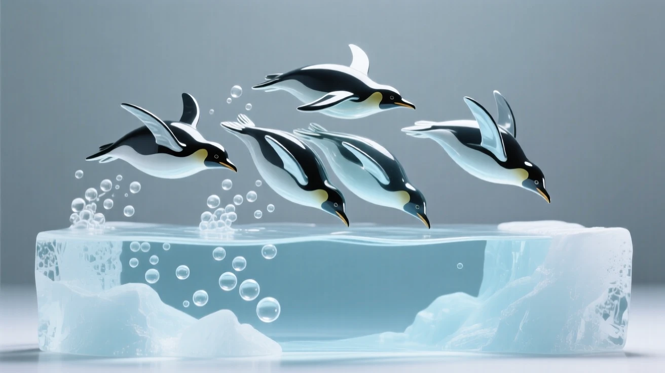 A group of penguins diving together into icy water as bubbles rise gently toward the surface