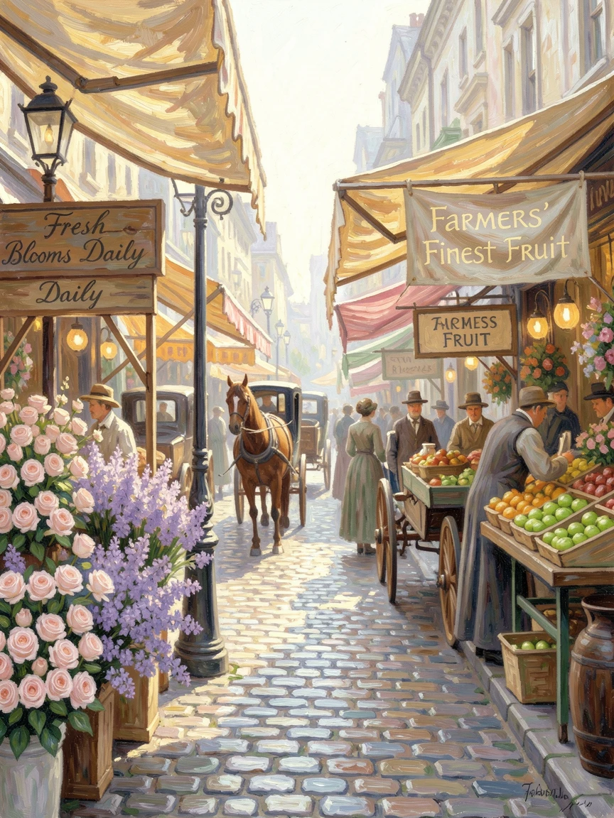 A bustling Victorian-era street market with horse-drawn carriages and vendors selling flowers and fruit, capturing a moment of quiet intimacy.