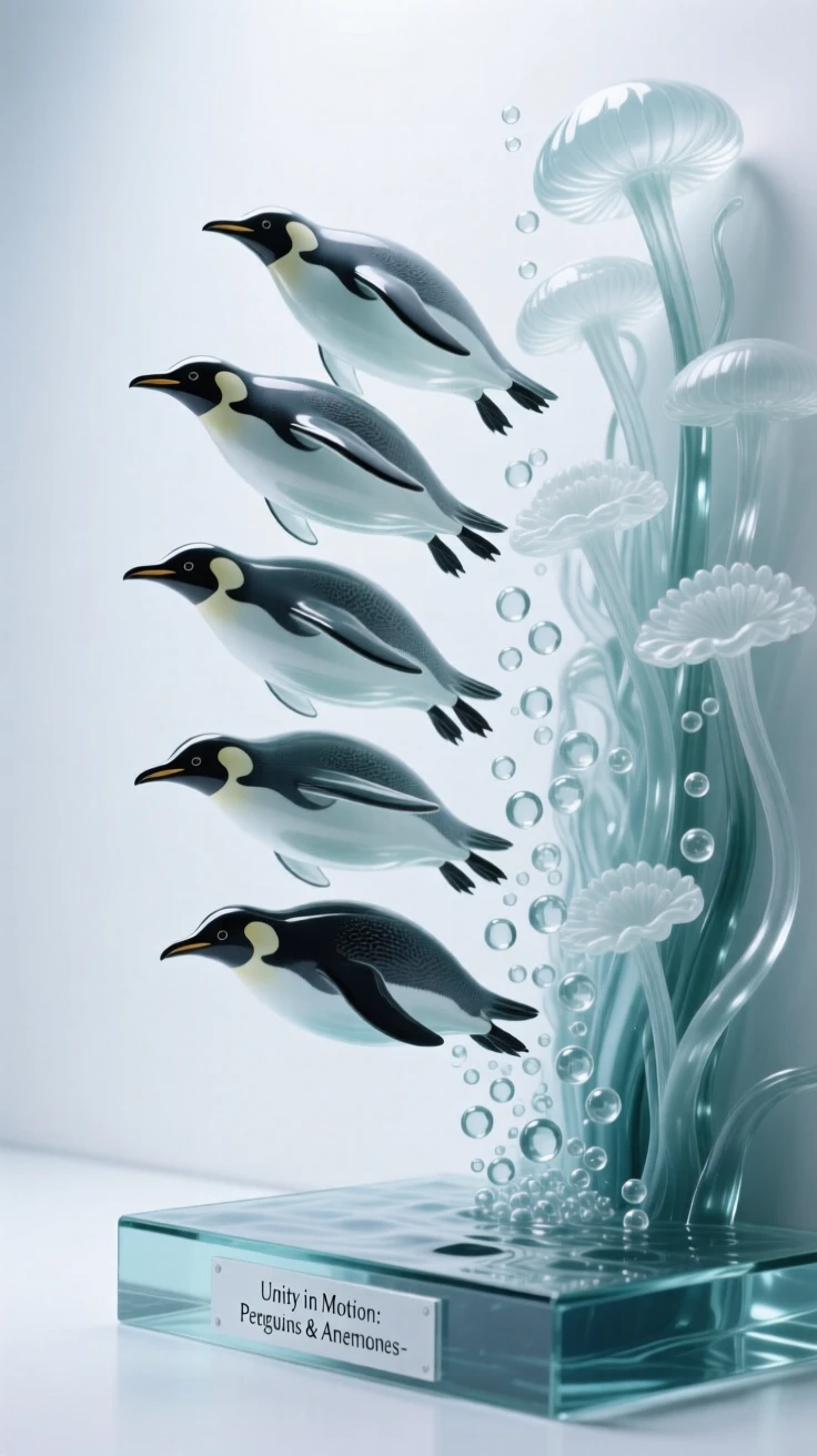 A group of penguins diving together into icy water beside a wall of anemones swaying in the current, while bubbles rise in a slow, steady stream
