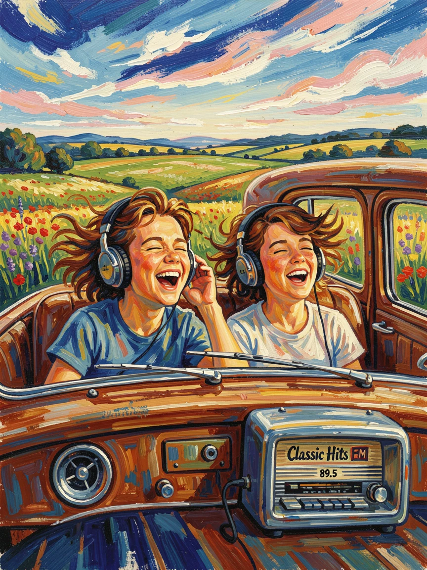 Siblings sharing headphones and singing along on a long road trip through open country.
