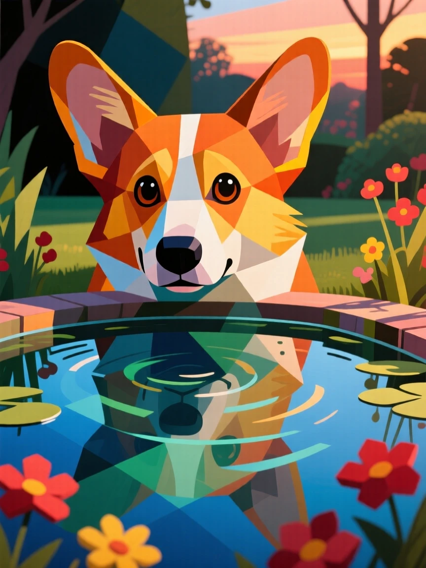 A charming portrait of a playful corgi peering curiously into a garden pond, in the warm evening light.