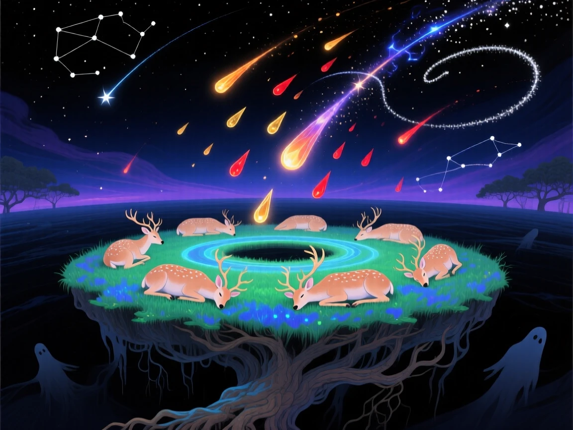 A meteor shower raining gently over a field of sleeping deer spins gently at the center of an infinite dark sky, as shooting stars trace slow arcs across the darkness.
