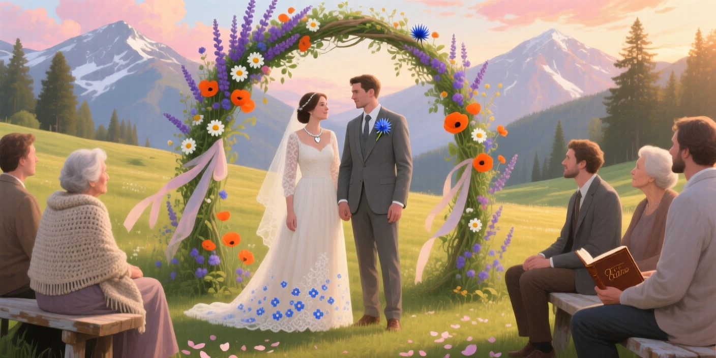 A couple exchanges vows beneath an arch of wildflowers in a mountain meadow, close friends and family seated on wooden benches nearby, small personal details in their clothing and surroundings hinting at their story.