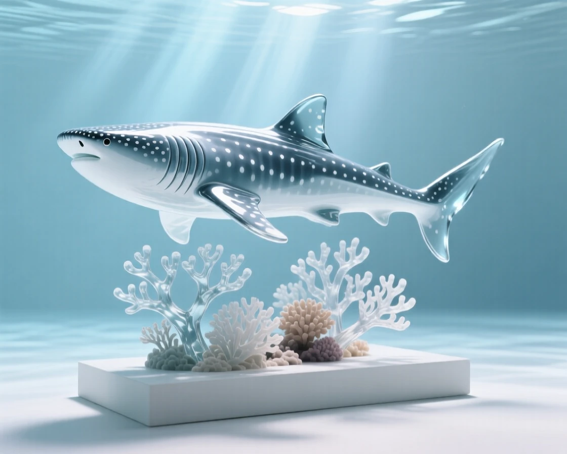 A whale shark passing calmly over a coral reef, as shafts of sunlight pierce the water from above