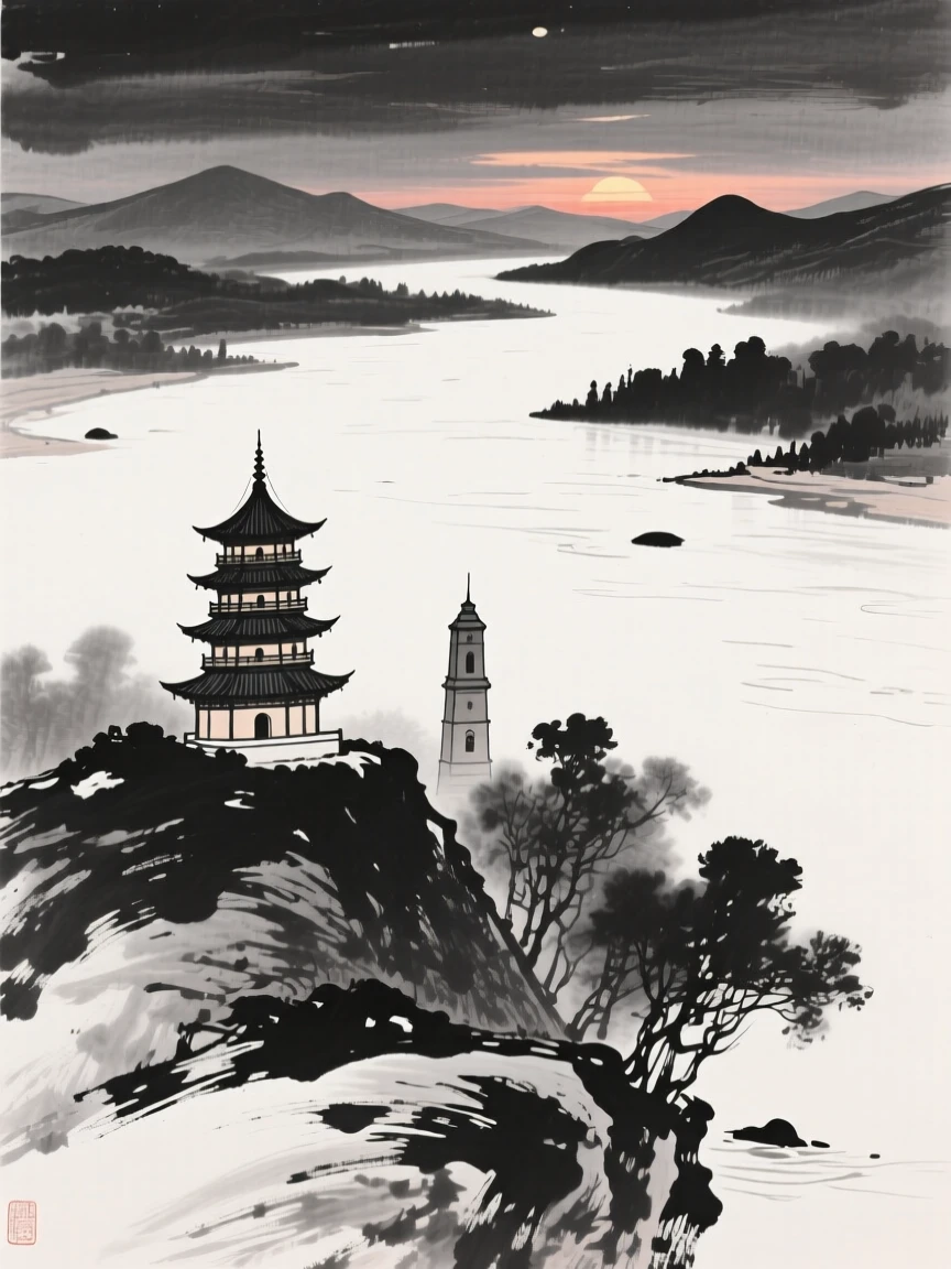 A multi-tiered pagoda overlooks a wide river valley at sunset, with a bell tower rising above the surrounding trees.