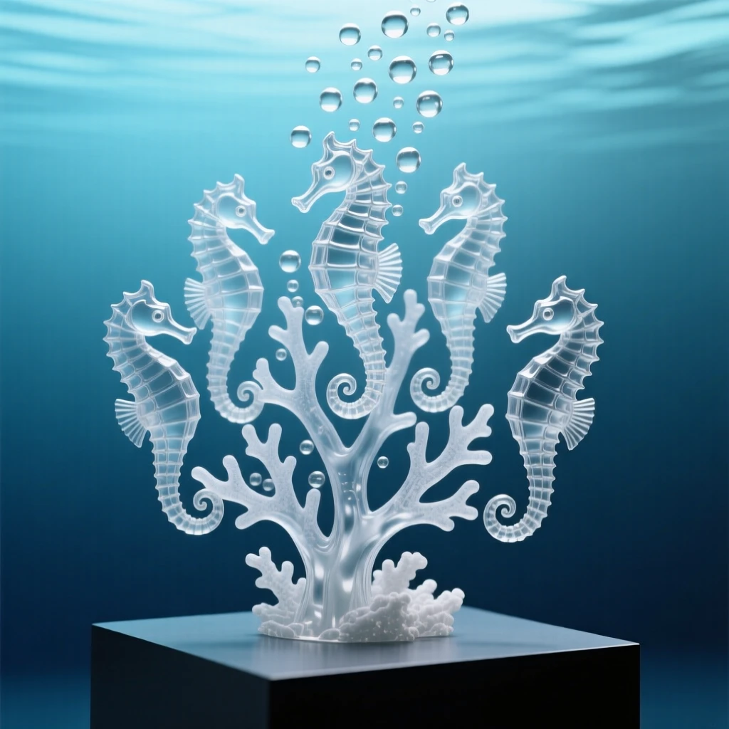 A group of seahorses gathered around a coral branch with a curtain of bubbles rising around them