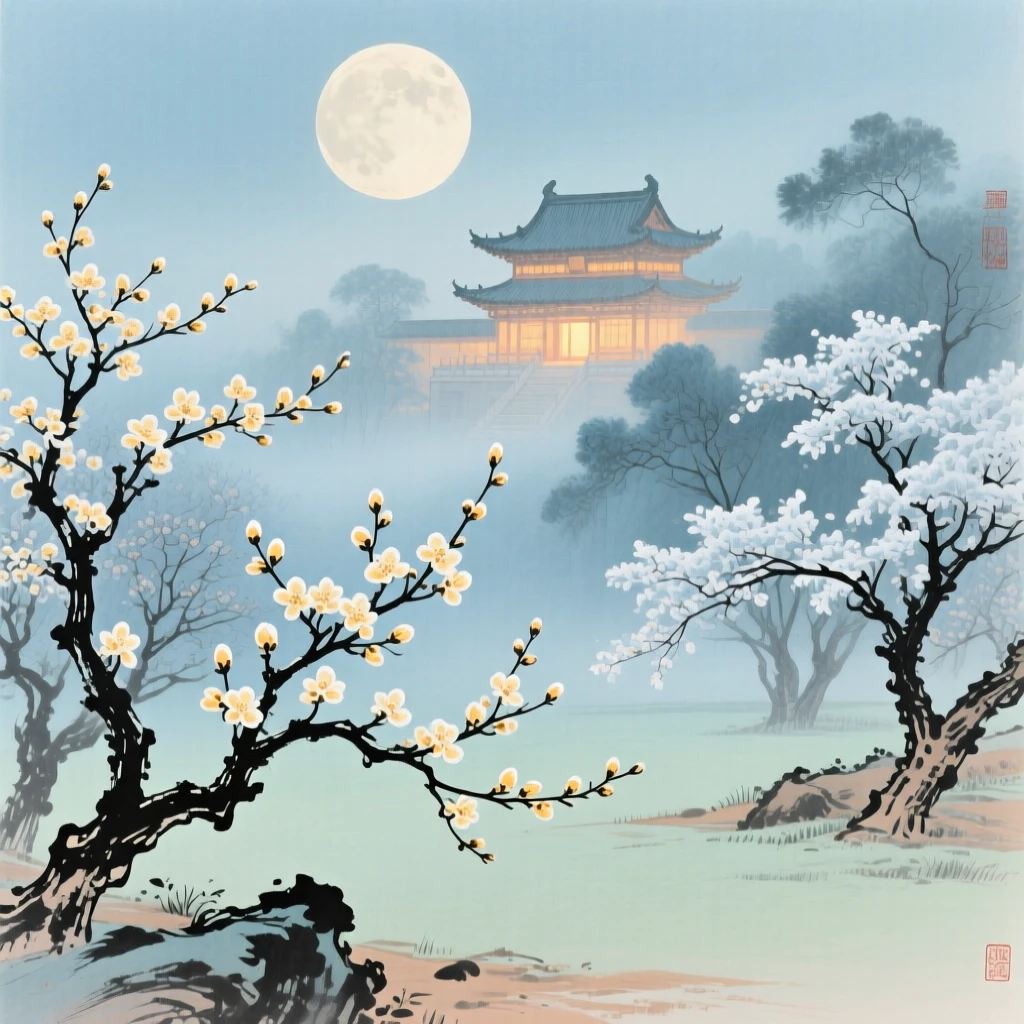 The moon palace glowing softly above a garden of frozen osmanthus trees, conveying a deep sense of harmony with nature, as spring blossoms unfold, in the quiet hour before sunrise.