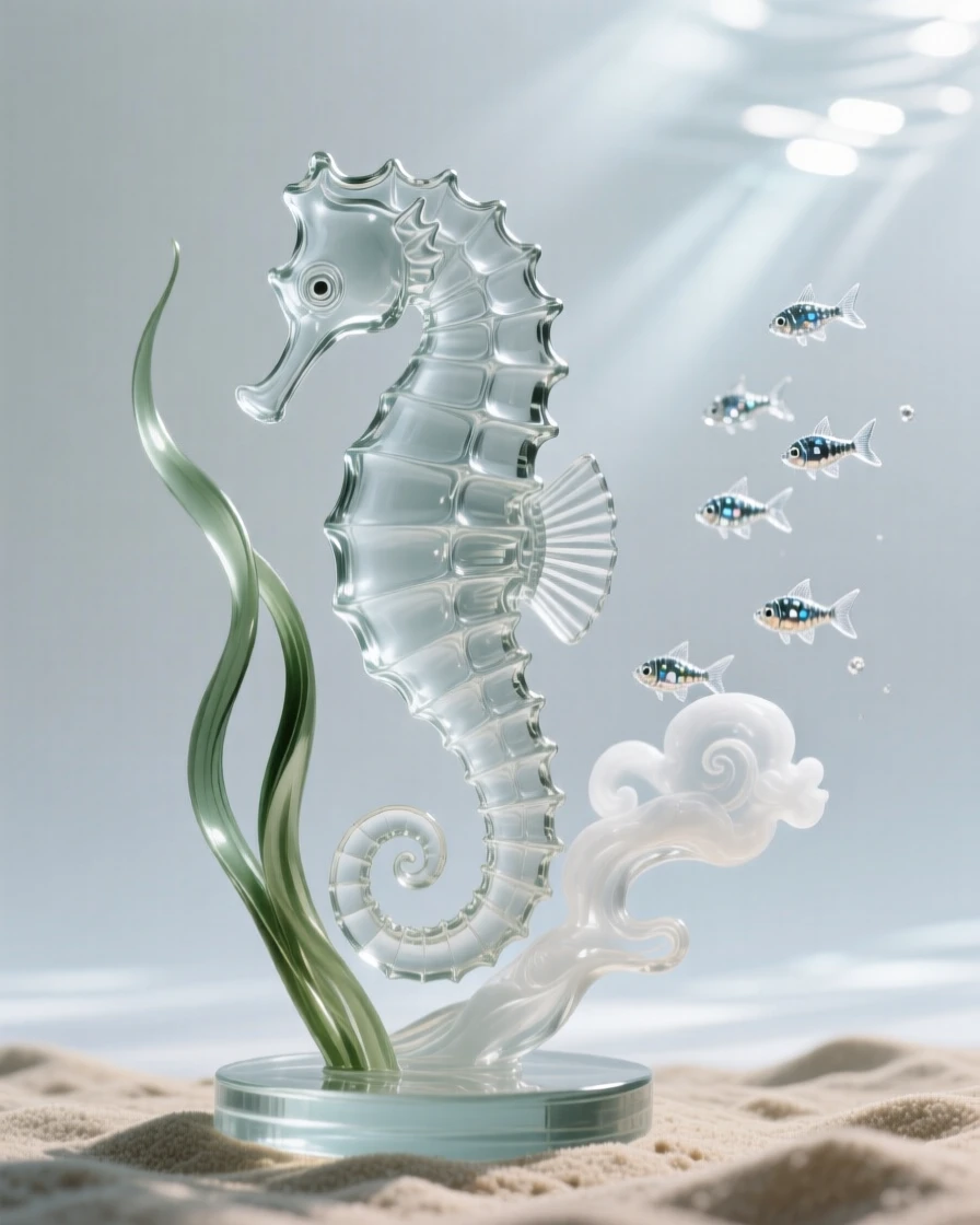 A seahorse curling its tail around a strand of sea grass as sunlight ripples across the sandy ocean floor, while a cloud of tiny fish scatters and reforms nearby