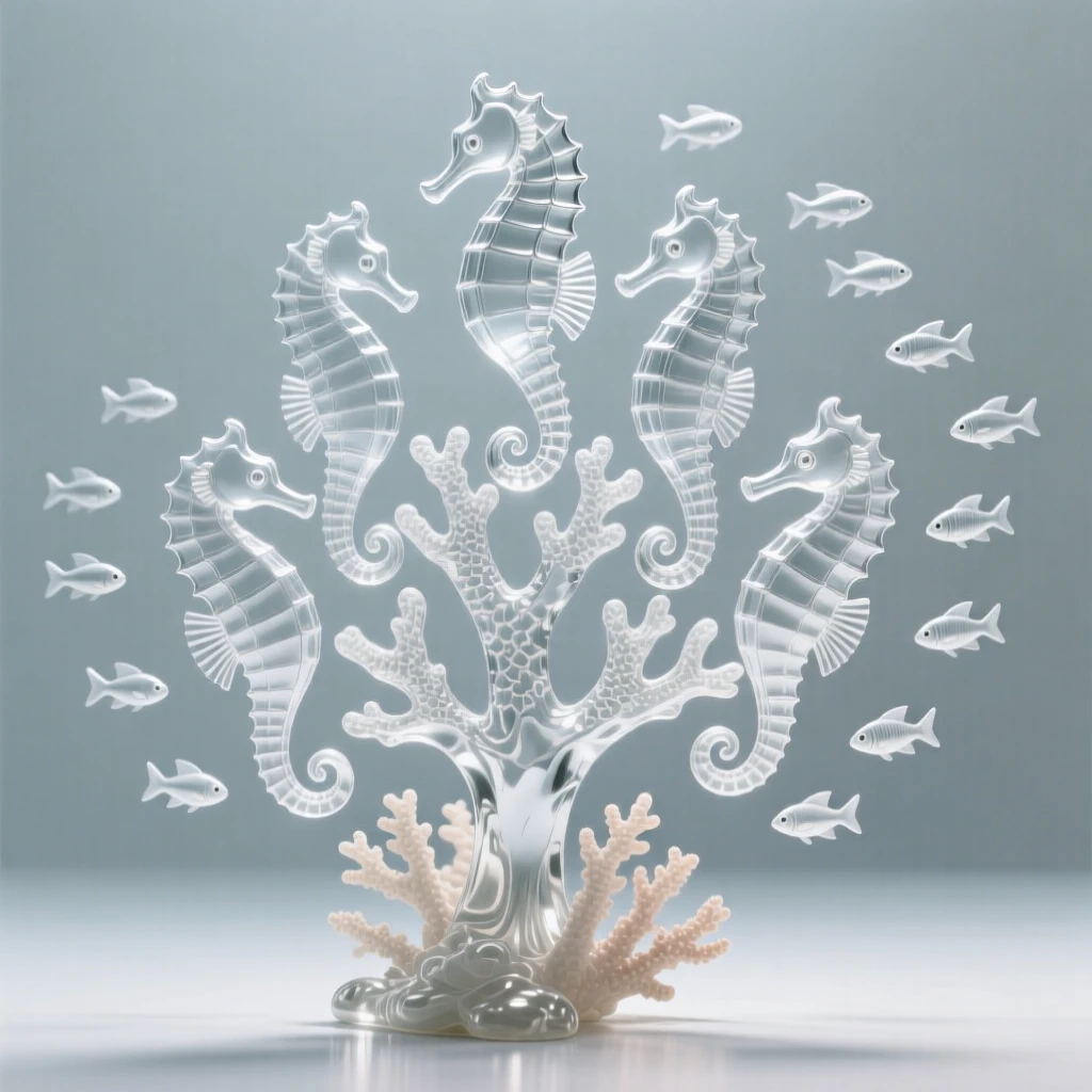 A group of seahorses gathered around a coral branch surrounded by schools of fish moving in unison