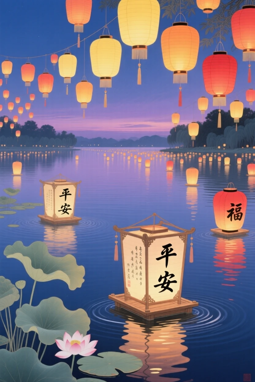 A floating lantern ceremony on a still lake at twilight, lit by hundreds of small hanging lanterns