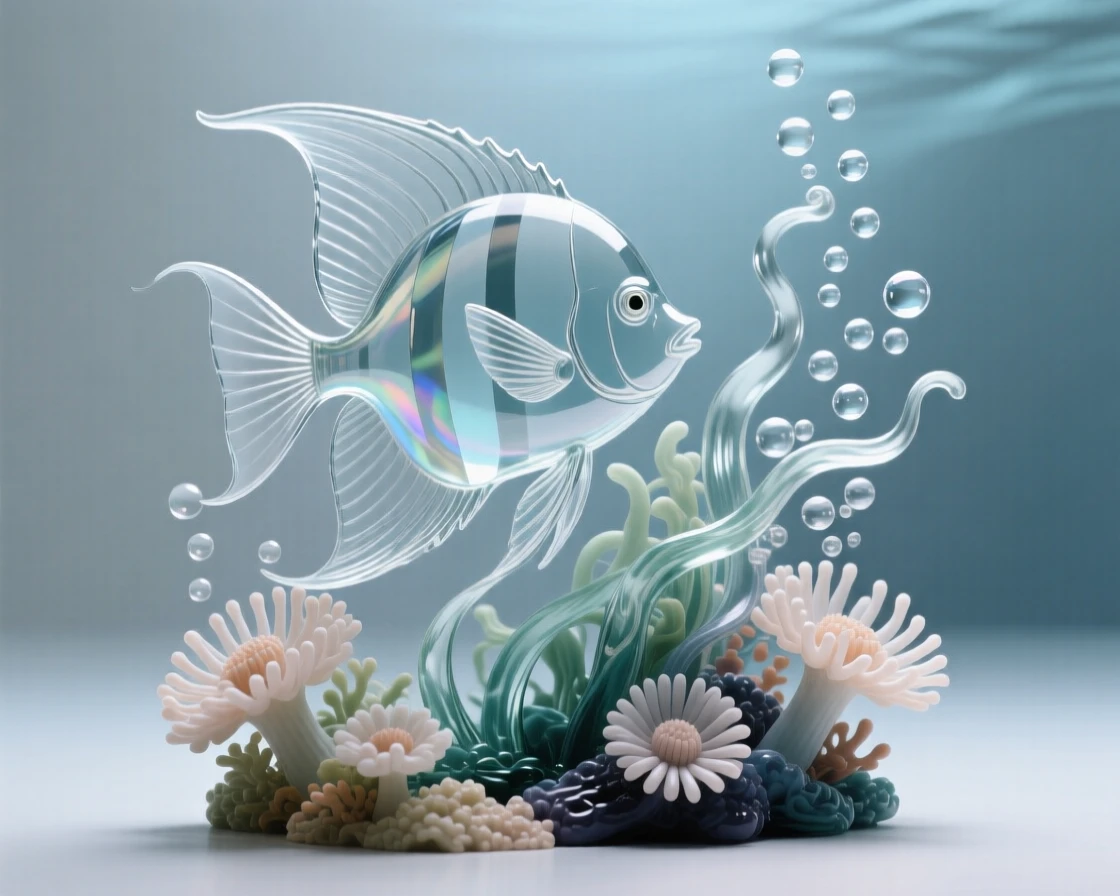 An angelfish weaving through a garden of sea anemones, with a curtain of bubbles rising around them