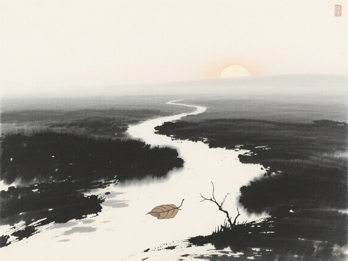 A quiet path disappearing into distant fog in the hush of early dawn, balanced with a single small detail against a quiet backdrop, conveying a poetic sense of calm and reflection.