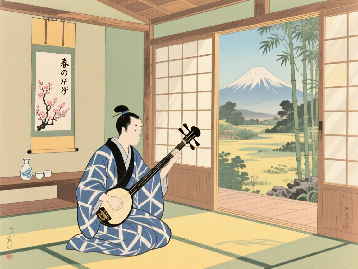 An innkeeper playing music in a sunlit room.
