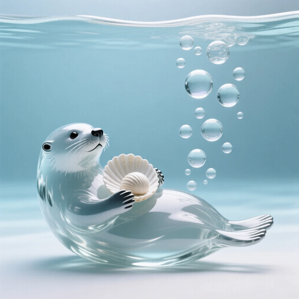 As bubbles rise gently toward the surface, a sea otter floating on its back cradling a shell