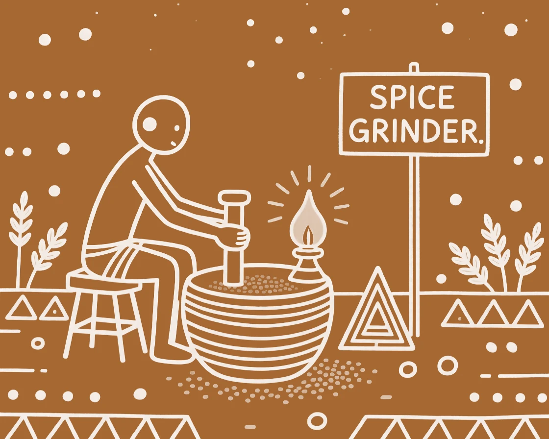 A spice grinder working late into the evening by lamplight.