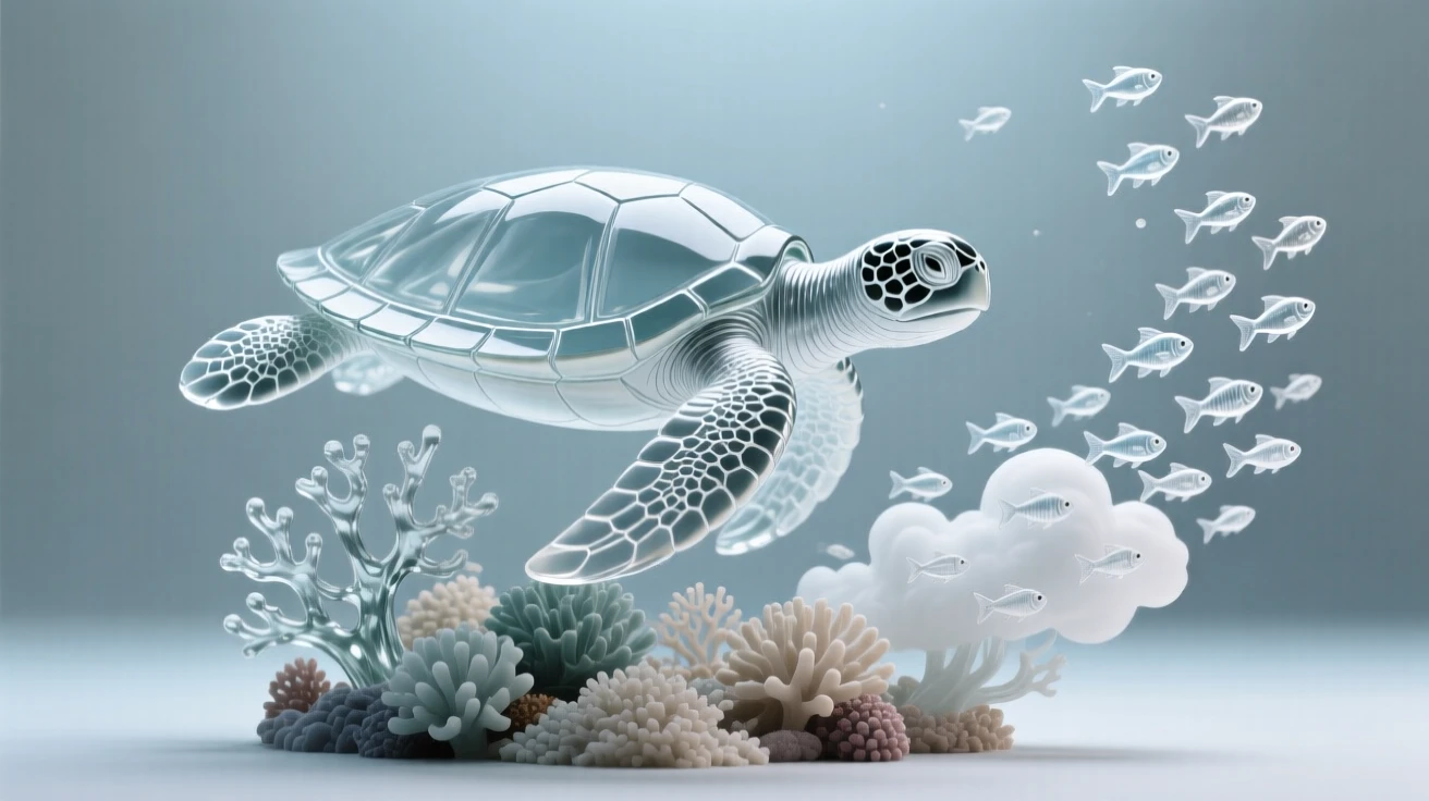 A sea turtle gliding gracefully over a coral reef while a cloud of tiny fish scatters and reforms nearby