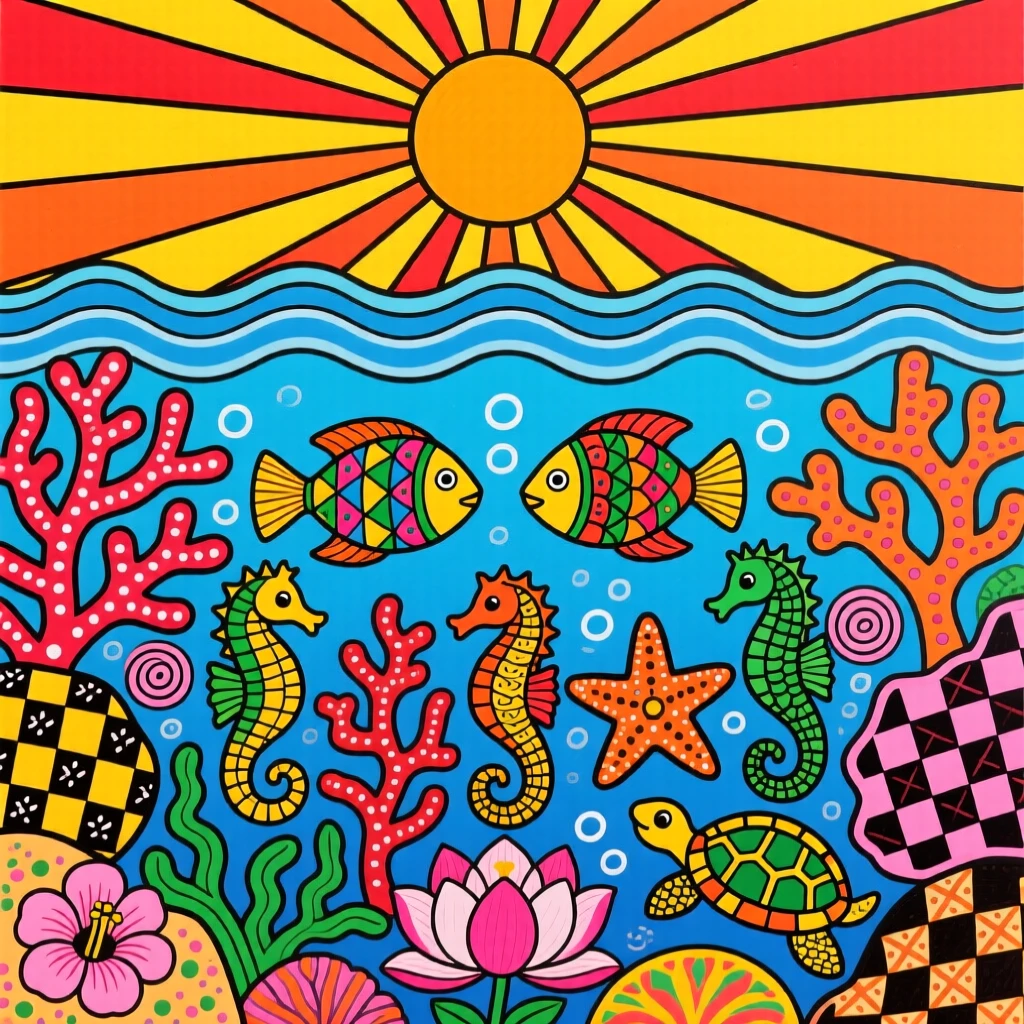 Coral reefs bursting with color beneath a sunlit tropical sea.