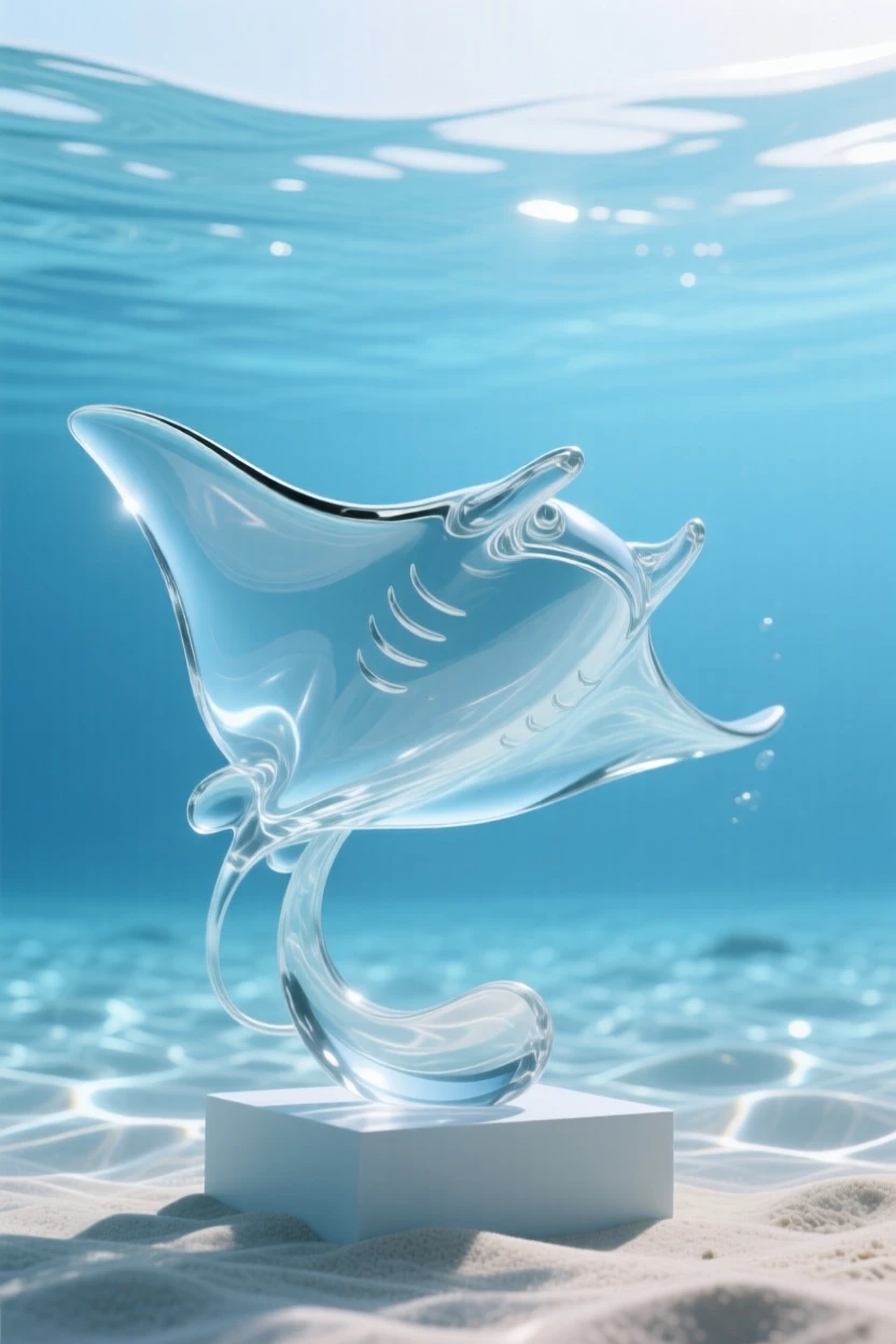 A manta ray gliding slowly through open blue water as sunlight ripples across the sandy ocean floor