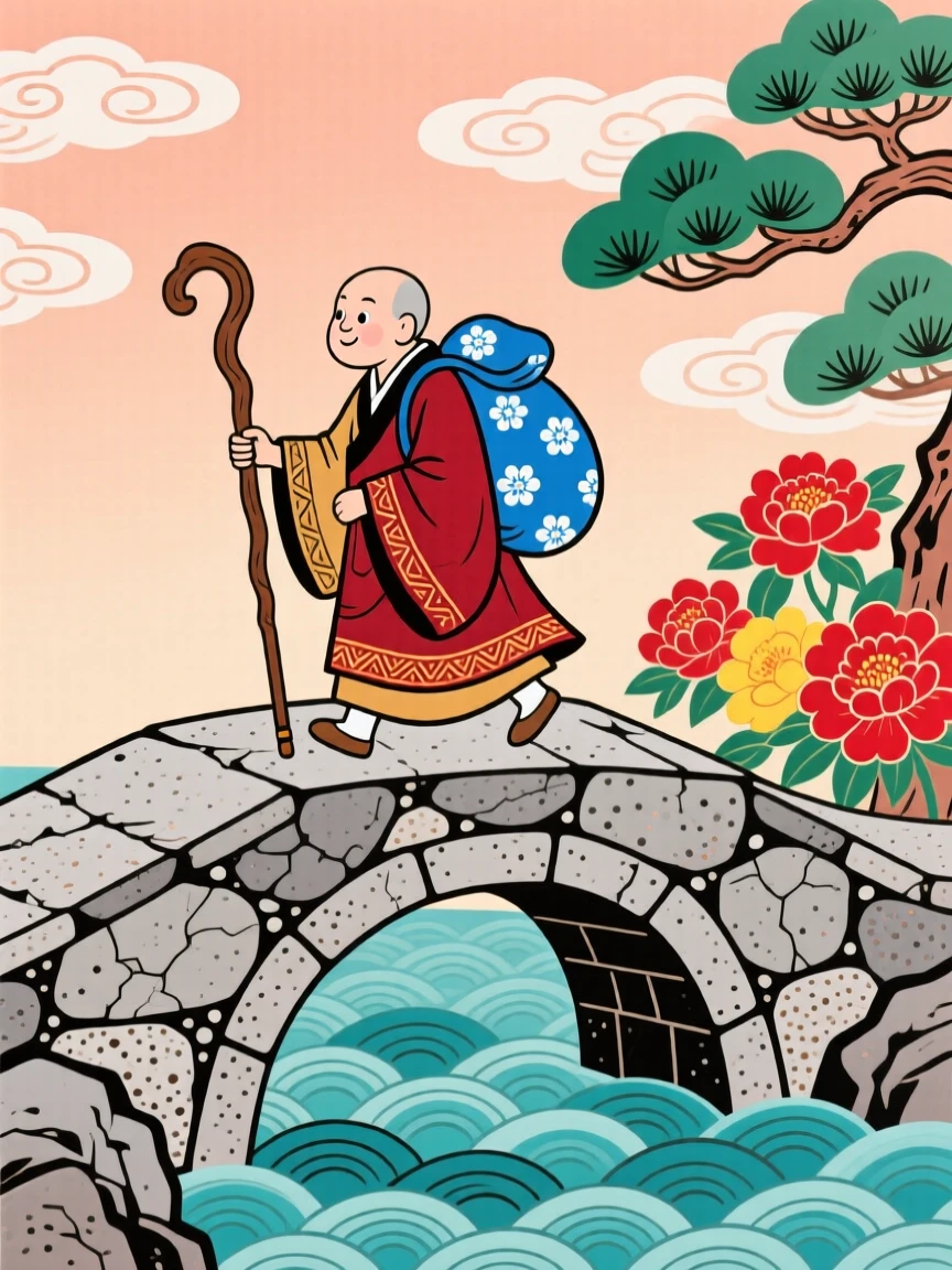 A wandering monk crossing a stone bridge with a walking staff and a bundle on his back.