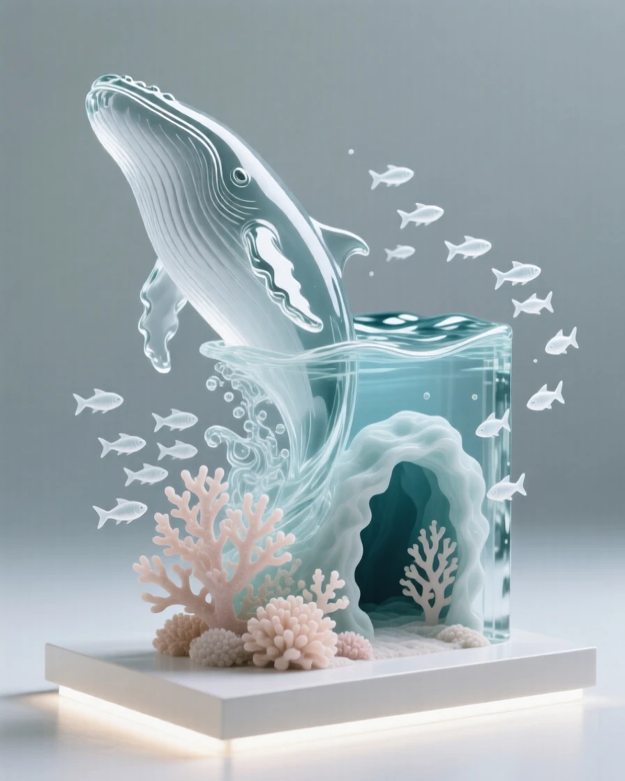 A humpback whale breaching high above the surface beside an underwater cave lined with soft coral, while a cloud of tiny fish scatters and reforms nearby