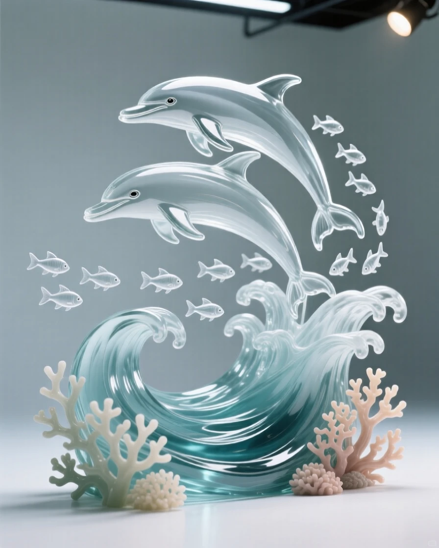 A pod of dolphins leaping together through rolling waves with a school of smaller fish trailing close behind, while the current gently sways the surrounding coral