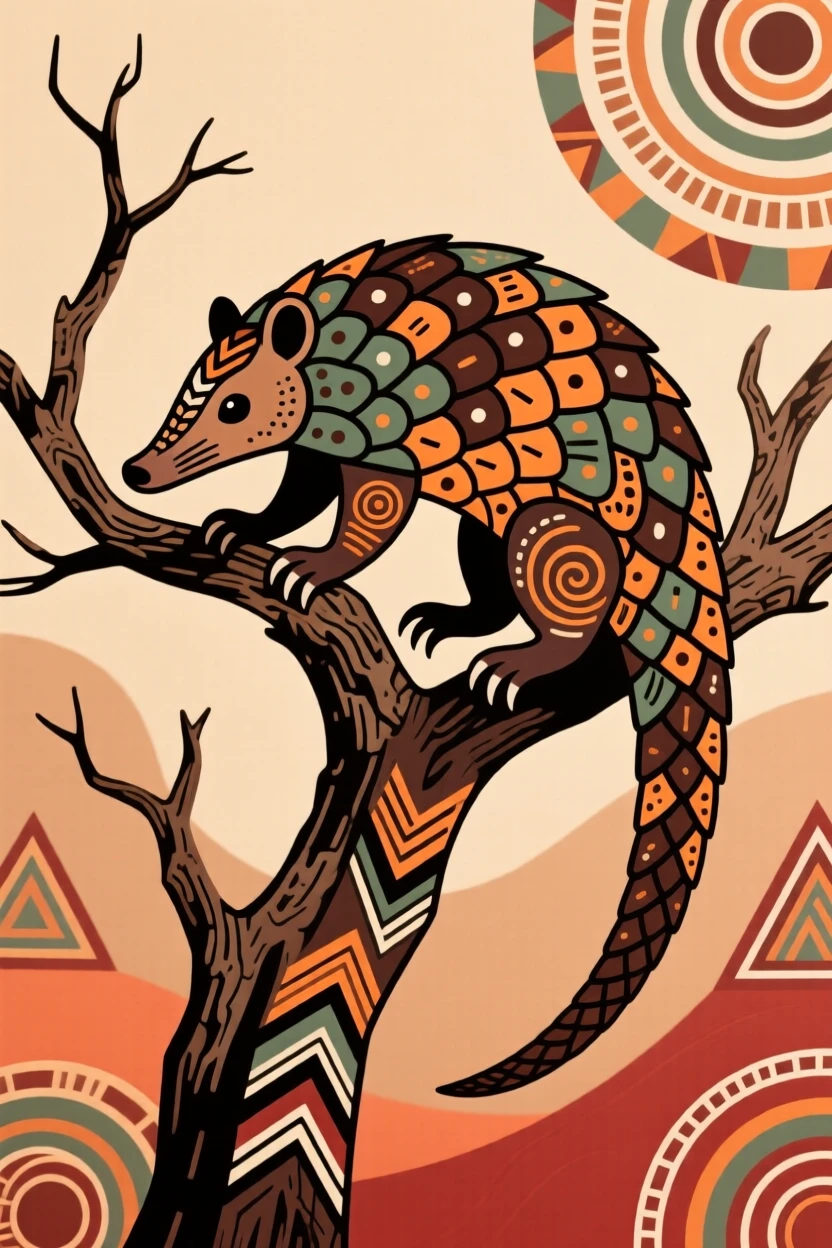 A pangolin perched on a dead tree branch.