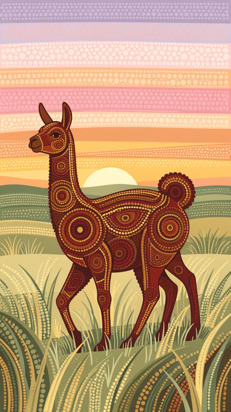 A llama crossing an open grassland at dawn