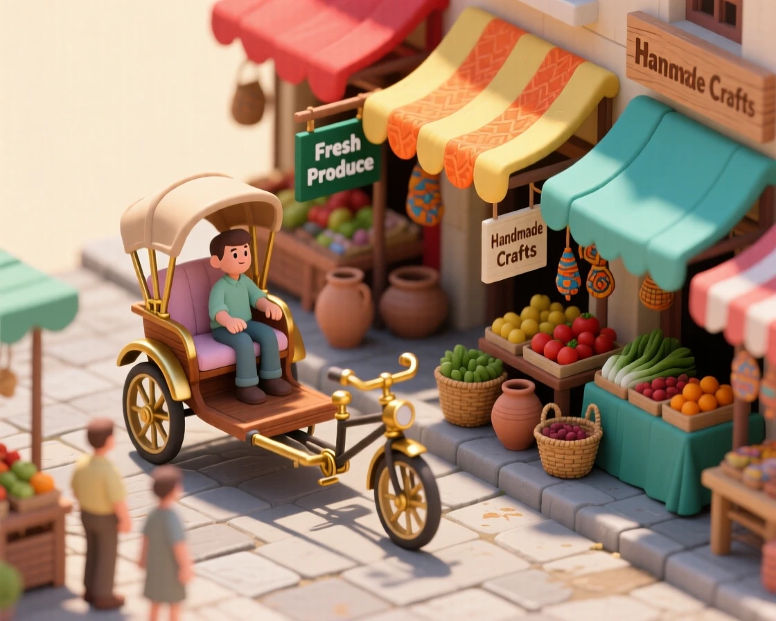 A rickshaw pulled through a bustling market street, colorful awnings overhead, and a passenger admiring the vibrant stalls passing by.