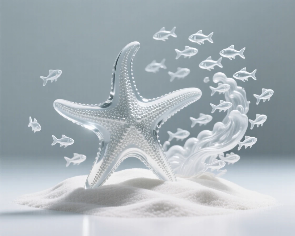 A starfish resting quietly on a bed of white sand while a cloud of tiny fish scatters and reforms nearby