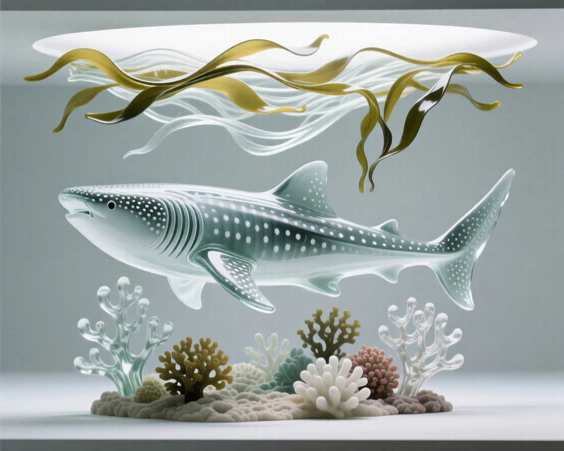 Beneath a canopy of floating kelp, a whale shark passing calmly over a coral reef