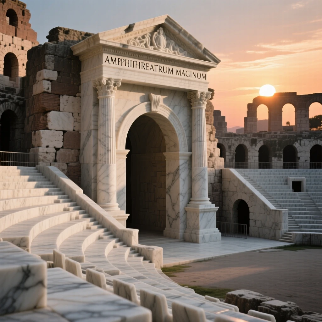 A striking, atmospheric depiction of an ancient amphitheater at sunset, showcasing timeless elegance and grandeur