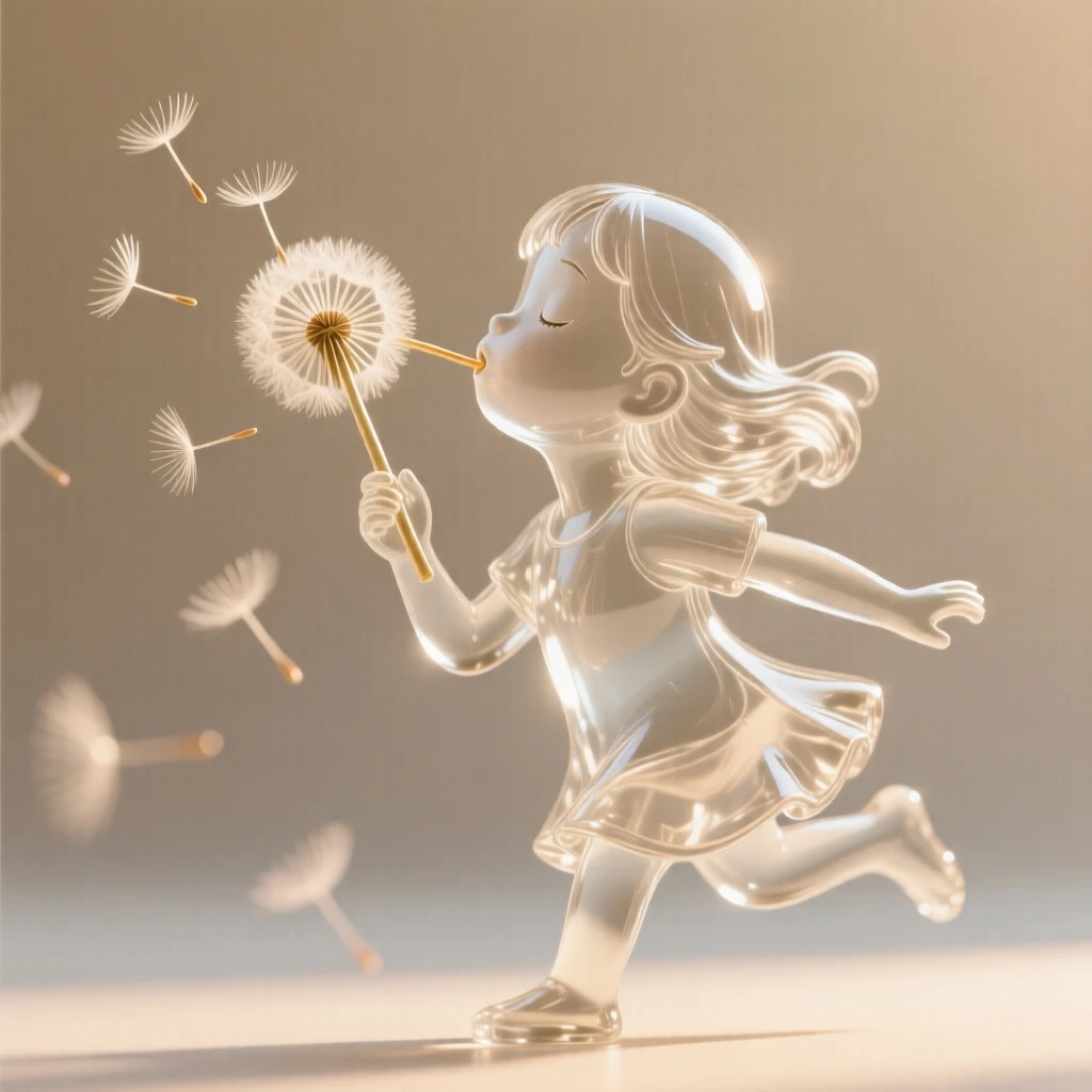 A young girl blowing dandelion seeds into the wind, softly lit by warm natural light, shallow depth of field isolating the subject, expression full of genuine emotion.