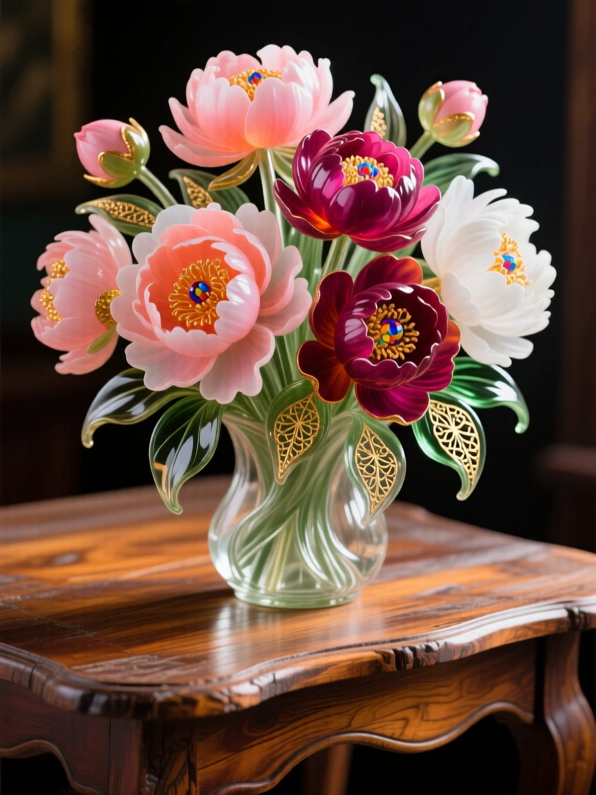 A bouquet of peonies bursting with color on a rustic wooden table, lush and romantic.