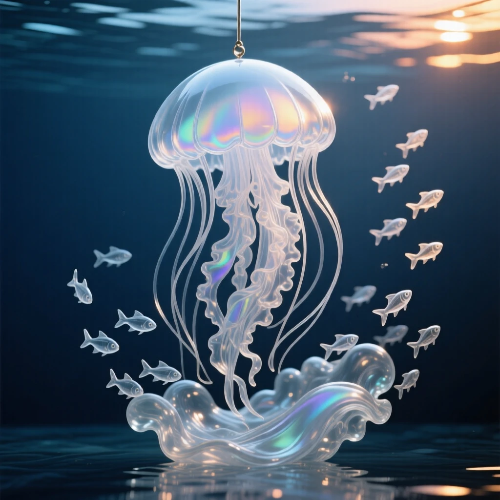 A moon jellyfish pulsing gently through open water beneath waves catching the last light of sunset, while a cloud of tiny fish scatters and reforms nearby