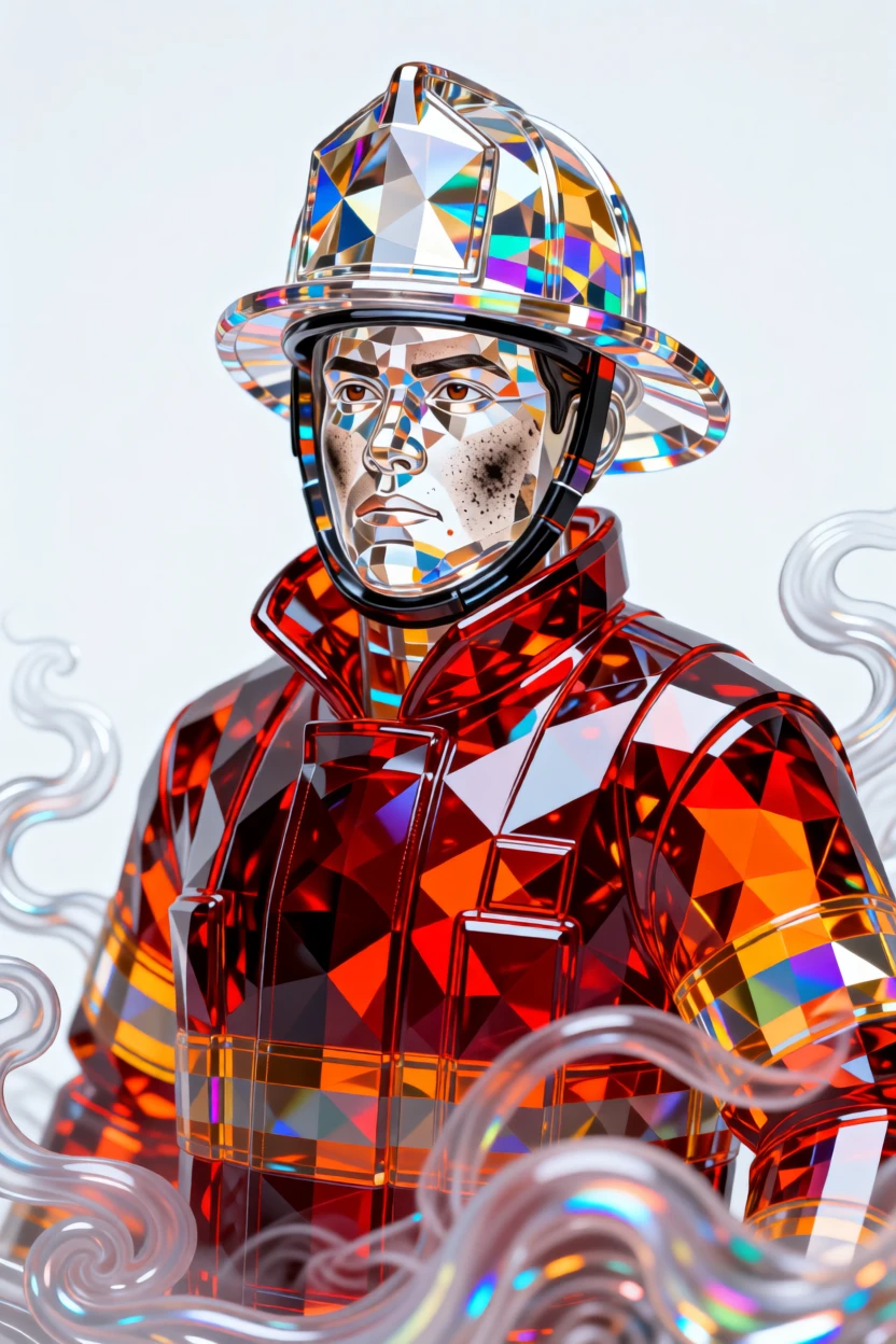 A determined firefighter emerging from smoke, resolve etched across his soot-streaked face.