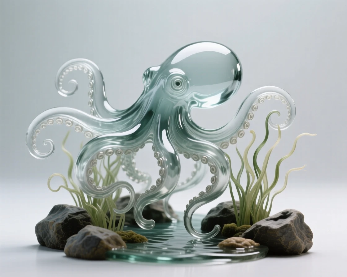 An octopus unfurling its arms among the rocks of a tide pool, as the current carries loose strands of sea grass