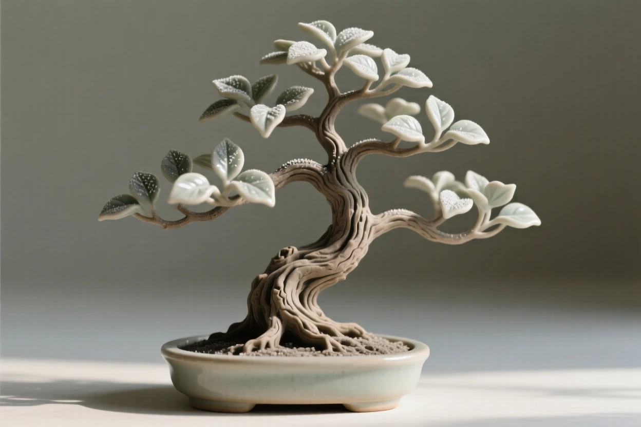 A bonsai tree shaped by patient hands unfurling slowly toward the morning light, dusted with fine pollen, evoking fragile beauty and quiet renewal.