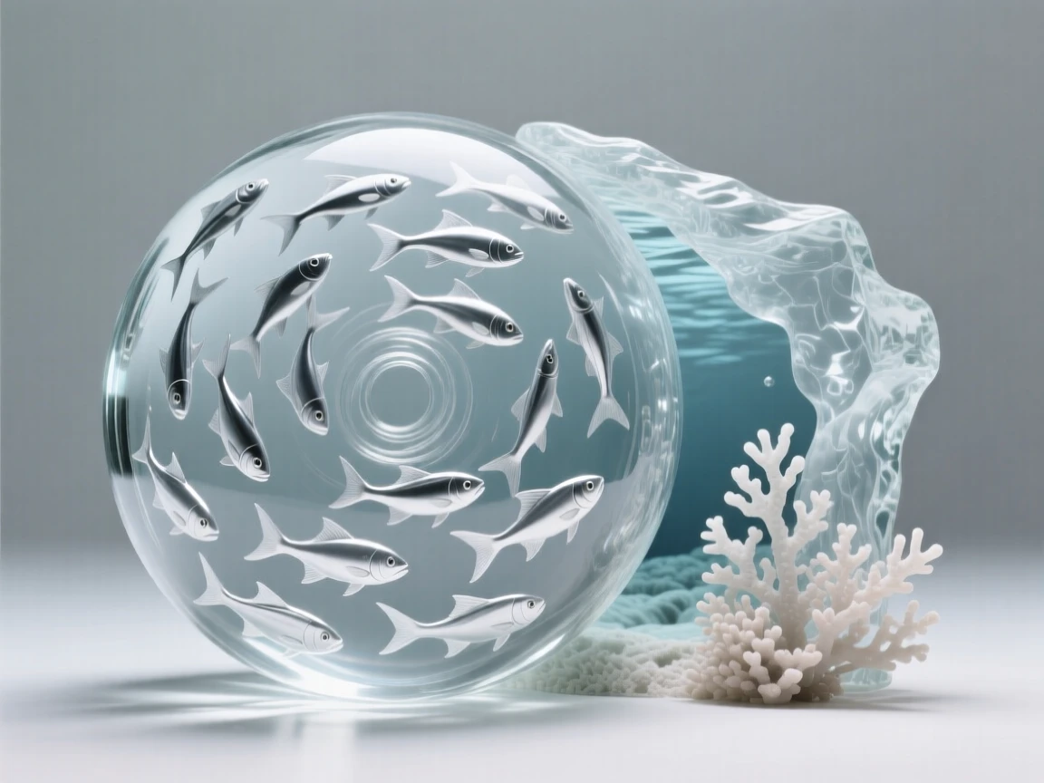 Beside an underwater cave lined with soft coral, a school of silver fish swirling into a shifting sphere