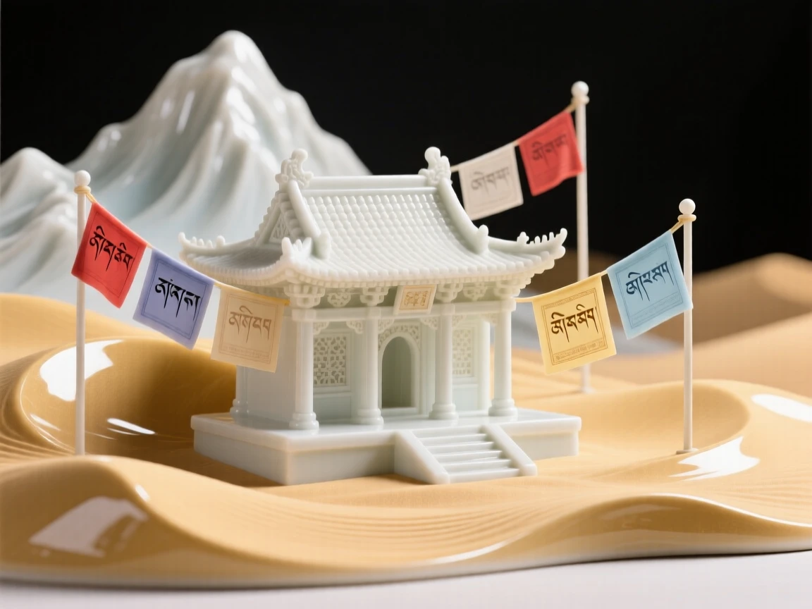 A serene mountain temple nestled in golden desert dunes, prayer flags fluttering gently in the breeze.