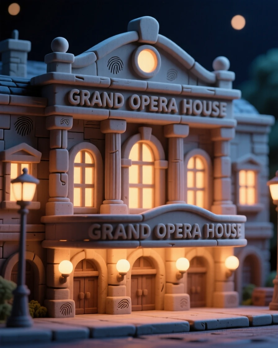 A grand opera house facade illuminated at night