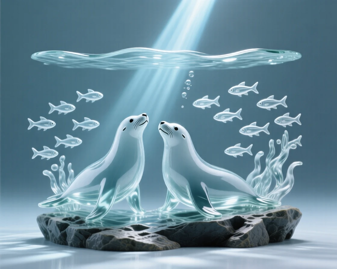 Surrounded by schools of fish moving in unison, a pair of sea lions playing near a rocky shoreline, while a beam of sunlight cuts through the water above