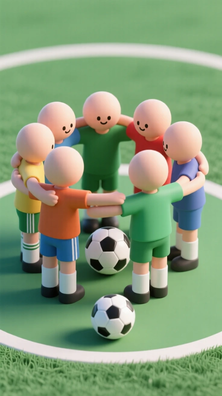 A soccer team huddles together in a circle, hands stacked in the center before a big championship match.