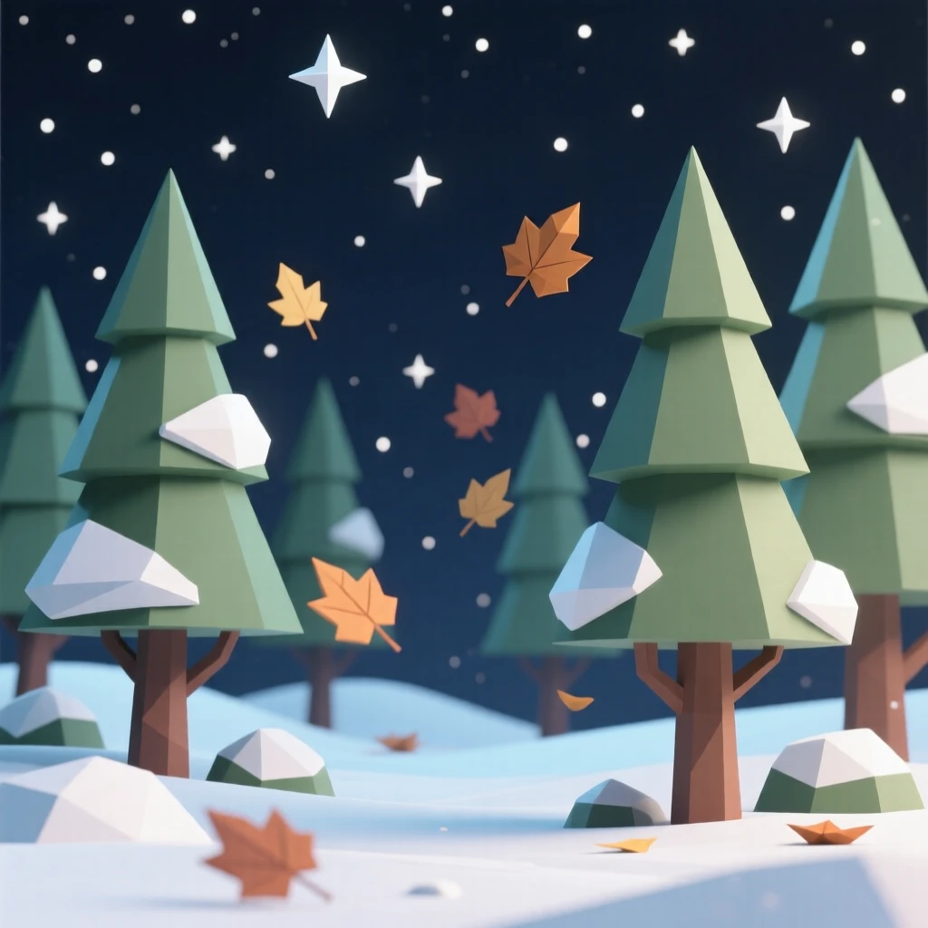 A snow-covered pine forest under twinkling stars, as autumn leaves drift through the air. rich seasonal colors bring the scene to life. The mood feels cozy and nostalgic.