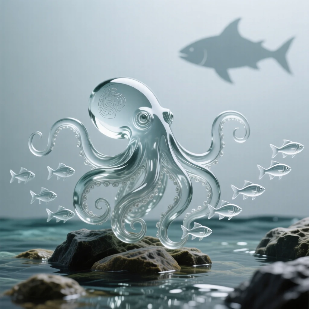 An octopus unfurling its arms among the rocks of a tide pool with a school of smaller fish trailing close behind, while a distant shape passes along the edge of visibility