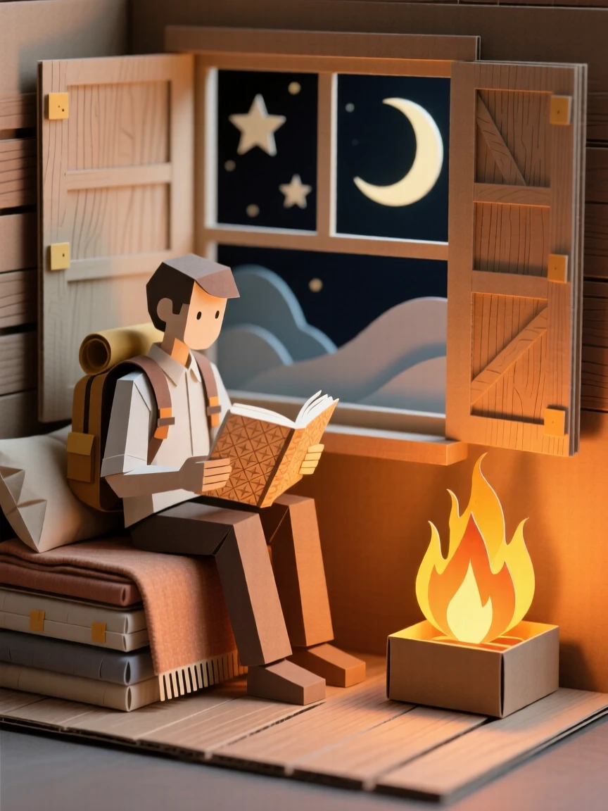 A solo backpacker reading together in a cozy window nook, with the glow of a nearby fire flickering, capturing the simple beauty of everyday moments.